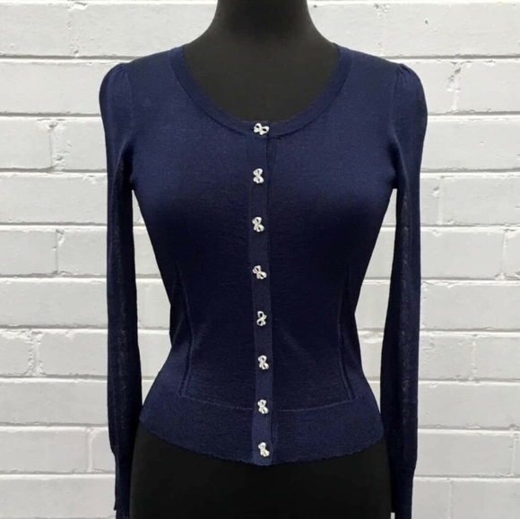 ALANNAH HILL Maybe Baby Blue Sparkly Bow Button Cardi Cropped Cardigan RRP$169 - Picture 2 of 8